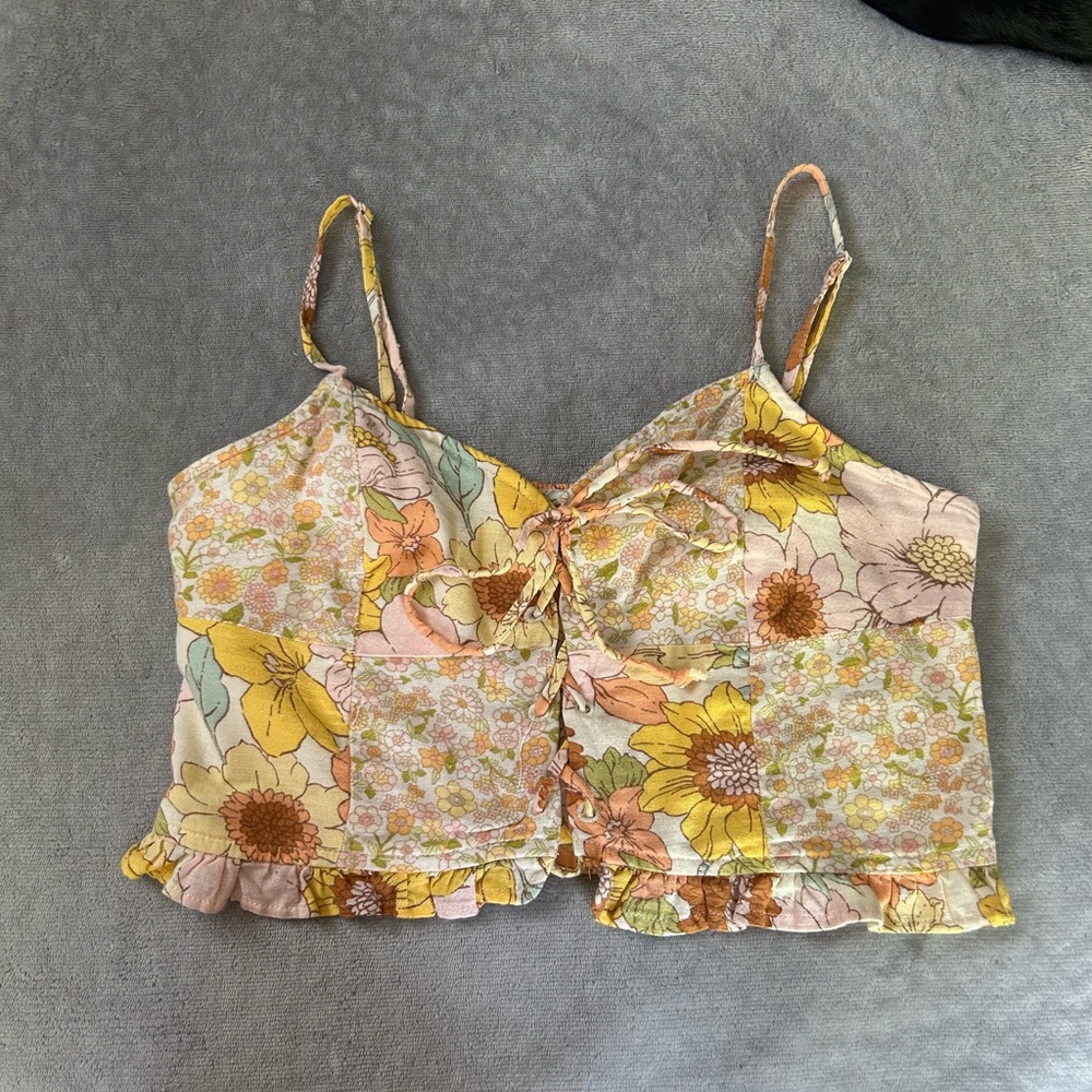 American Eagle Outfitters Pink and Yellow Ruffled Crop Camisole